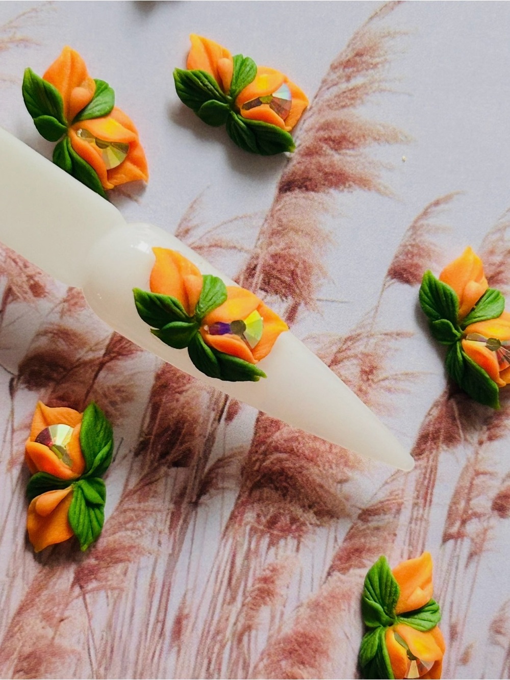 Orange Floral Nail Charms with Green Leaves - Decorative Nail Art Accents